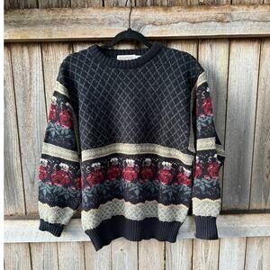 Vintage The Import Workshop black blue SWEATER Roses flowers Acrylic Large